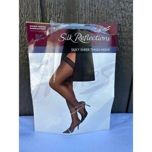 Hanes Silk Reflections Sheer Thigh Highs Style 720 EF Barely Black Sandalfoot